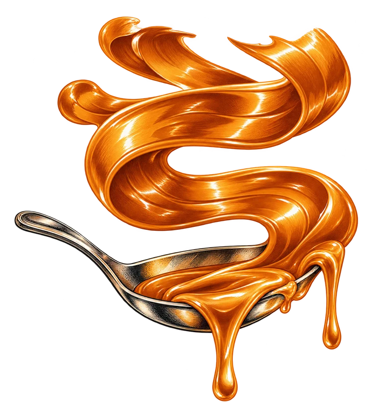 Illustration of glossy amber caramel ribbons lifted by a silver spoon